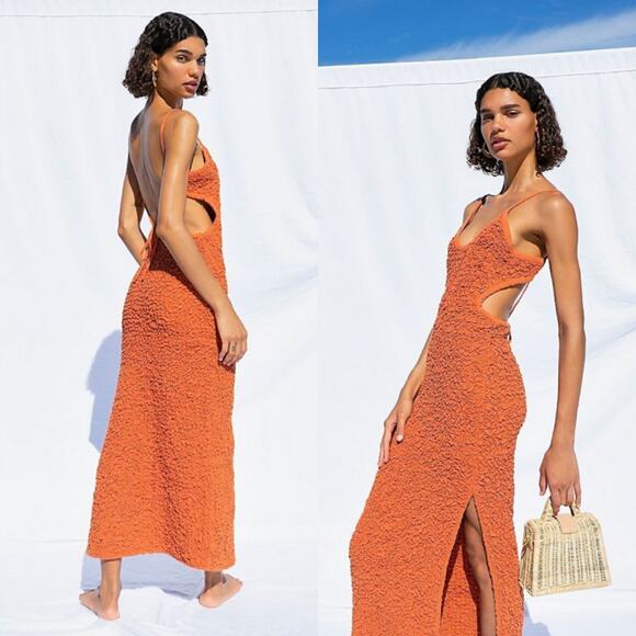 Free People Cutout Za Za Midi Dress Burned Orange Fall Autumn Ruched - Picture 1 of 5